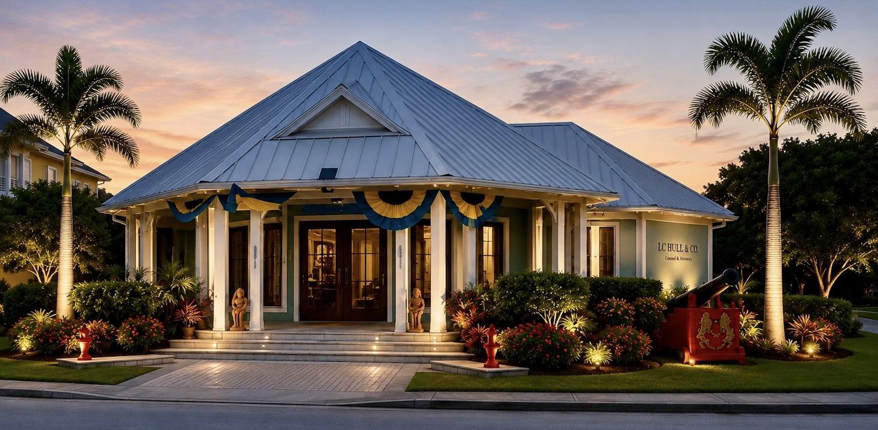 Royal House, the HULLco office in Marsh Harbour, Abaco, at dusk